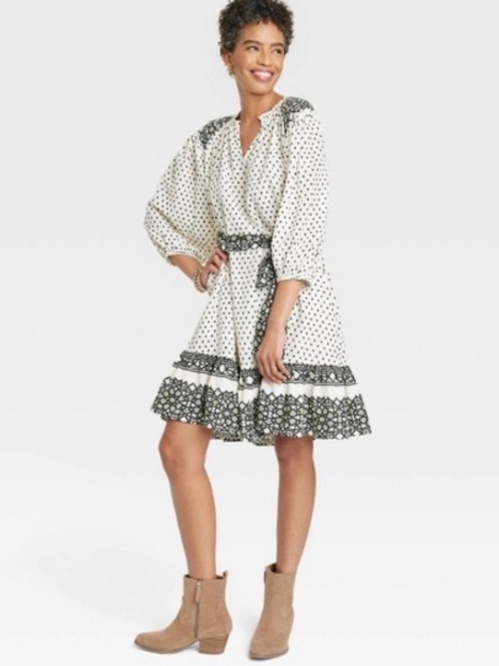 Knox Rose White Mini Dress with Black Polka Dot and Border Trim